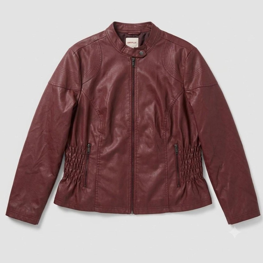 Burgundy faux leather jacket with zip-up front and elastic waist